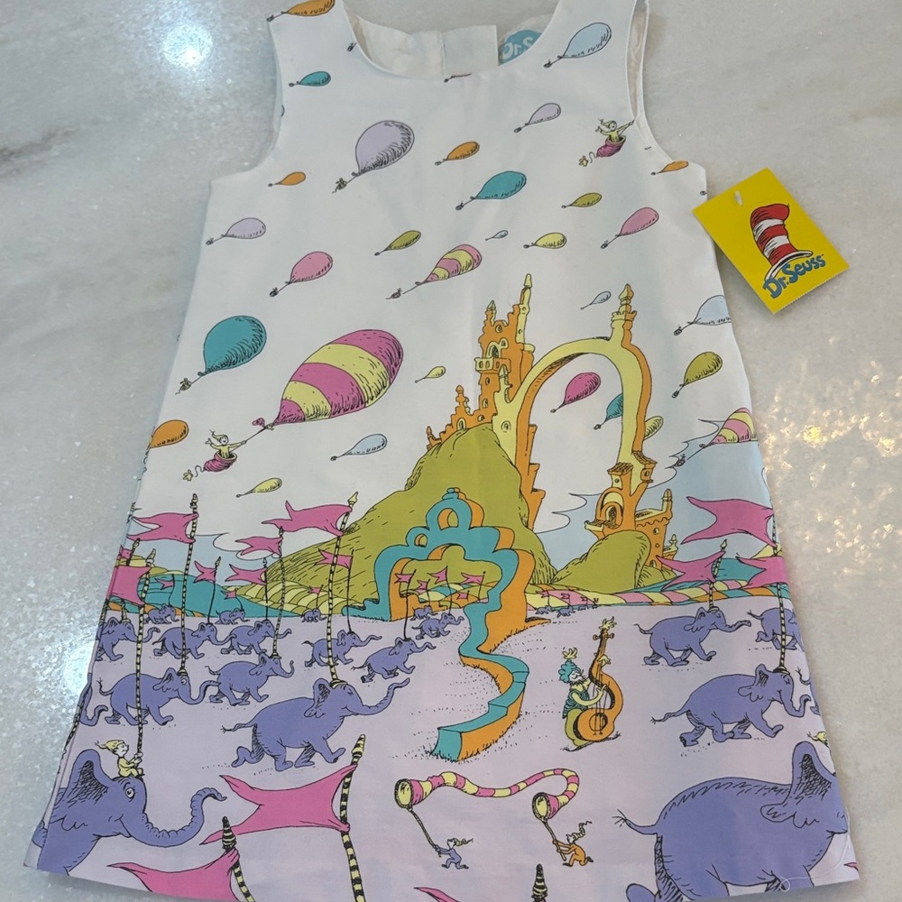 Dr. Seuss White Dress with Pastel Pink, Purple, Teal & Yellow Storybook Print